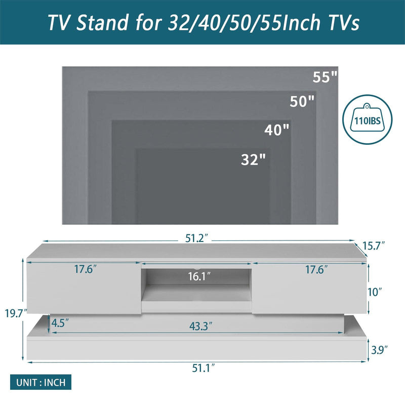 51.18inch  WHITE morden TV Stand with LED Lights,high glossy front TV Cabinet,can be assembled in Lounge Room, Living Room or Bedroom,color:WHITE