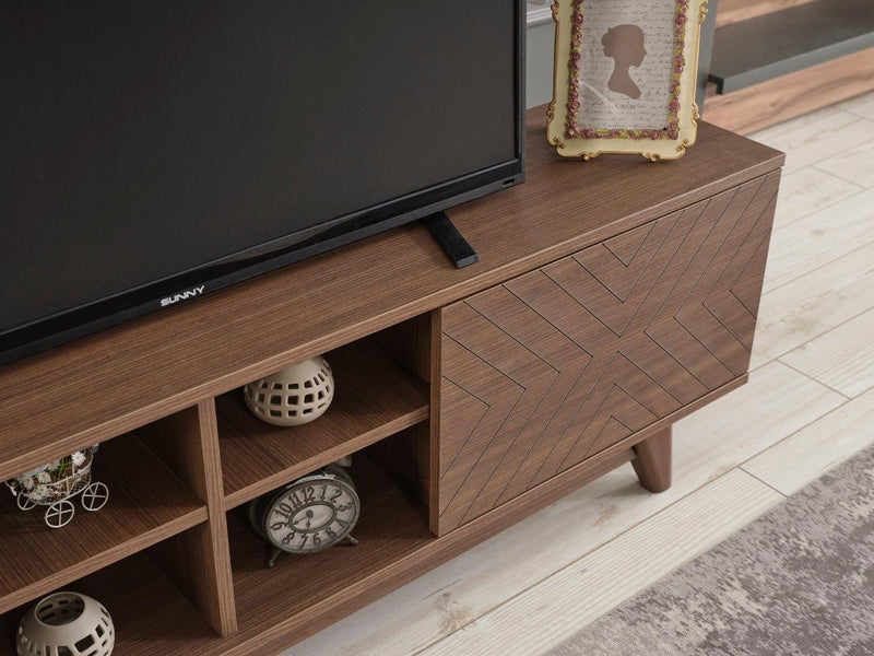 Lina Mid CenturyModern Tv Stand 2 Door Cabinet 4 Cubby Hole Shelves 67 inch Tv Unit, Walnut - Urban Living Furniture (Los Angeles, CA)