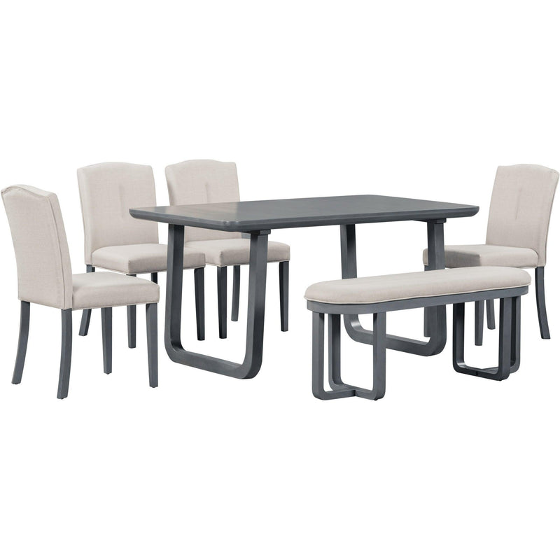 6-Piece Retro-Style Dining Set Includes Dining Table, 4 Upholstered Chairs & Bench with Foam-covered Seat Backs&Cushions for Dining Room (Gray+Beige) - Urban Living Furniture (Los Angeles, CA)