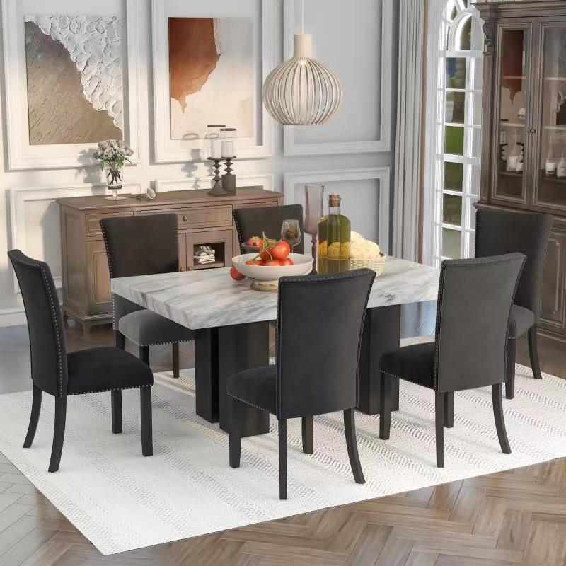 7-piece Dining Table Set with 1 Faux Marble Dining Rectangular Table and 6 Upholstered-Seat Chairs ,for Dining room and Living Room ,Black - Urban Living Furniture (Los Angeles, CA)