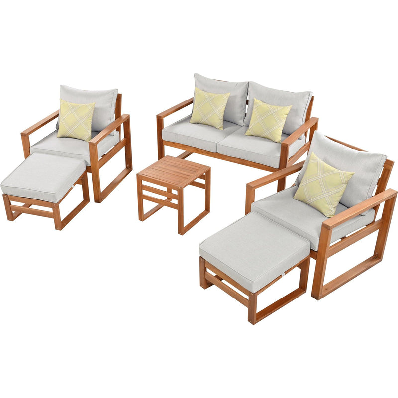 Outdoor Patio Wood 6-Piece Conversation Set, Sectional Garden Seating Groups Chat Set with Ottomans and Cushions for Backyard, Poolside, Balcony, Grey - Urban Living Furniture (Los Angeles, CA)