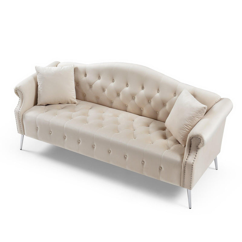 78.7" Width Classic Chesterfield Velvet Sofa Contemporary Upholstered Couch Button Tufted Nailhead Trimming Curved Backrest Rolled Arms with Silver Metal Legs Living Room Set,2 Pillows Included