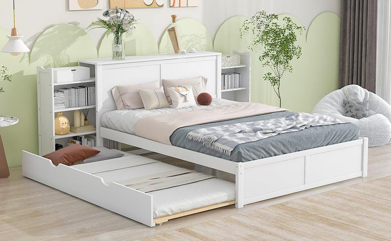 Queen SizeStorage Platform Bed with Pull Out Shelves and Twin Size Trundle, White - Urban Living Furniture (Los Angeles, CA)