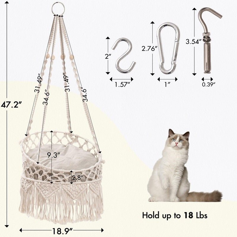 Macrame Cat Hammock, Hanging Cat Bed Hammock Cat Swing for Indoor Cats, Boho Cat Swing Bed for Sleeping