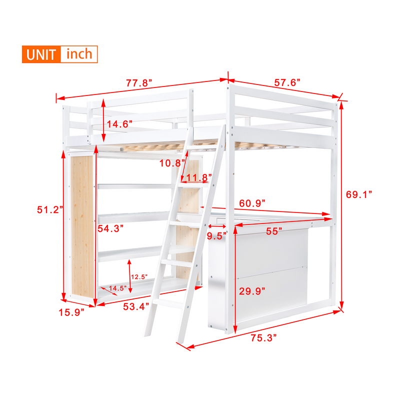 Full Size Loft Bed with Ladder, Shelves, and Desk, White - Urban Living Furniture (Los Angeles, CA)