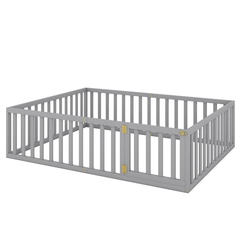 Queen Size Wood Floor Bed Frame with Fence and Door, Gray - Urban Living Furniture (Los Angeles, CA)