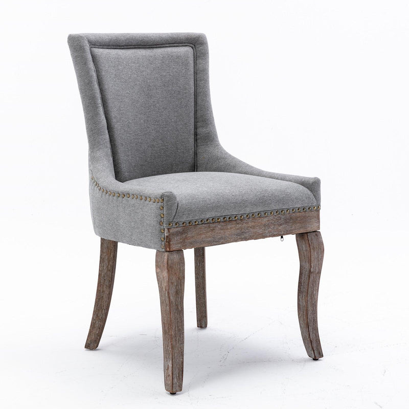 Ultra Side Dining Chair，Thickened fabric chairs with neutrally toned solid wood legs， Bronze nail head，Set of 2，Gray