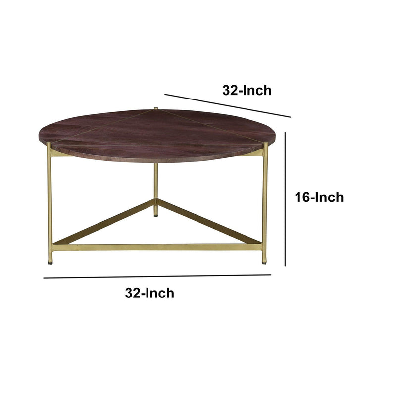 Ellis 32 Inch Round Wood Coffee Table with Brass Metal Base, Brown, Matte Gold - Urban Living Furniture (Los Angeles, CA)