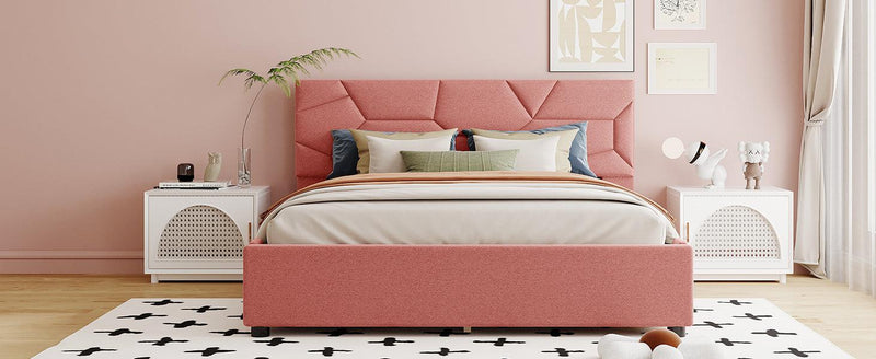 Queen Size Upholstered Platform Bed with Brick Pattern Heardboard and 4 Drawers, Linen Fabric, Pink