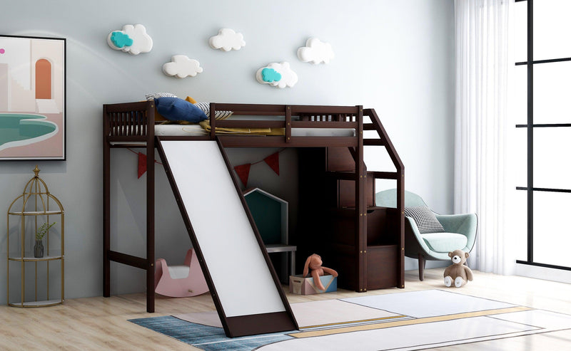 Twin Size Loft Bed withStorage and Slide, Espresso