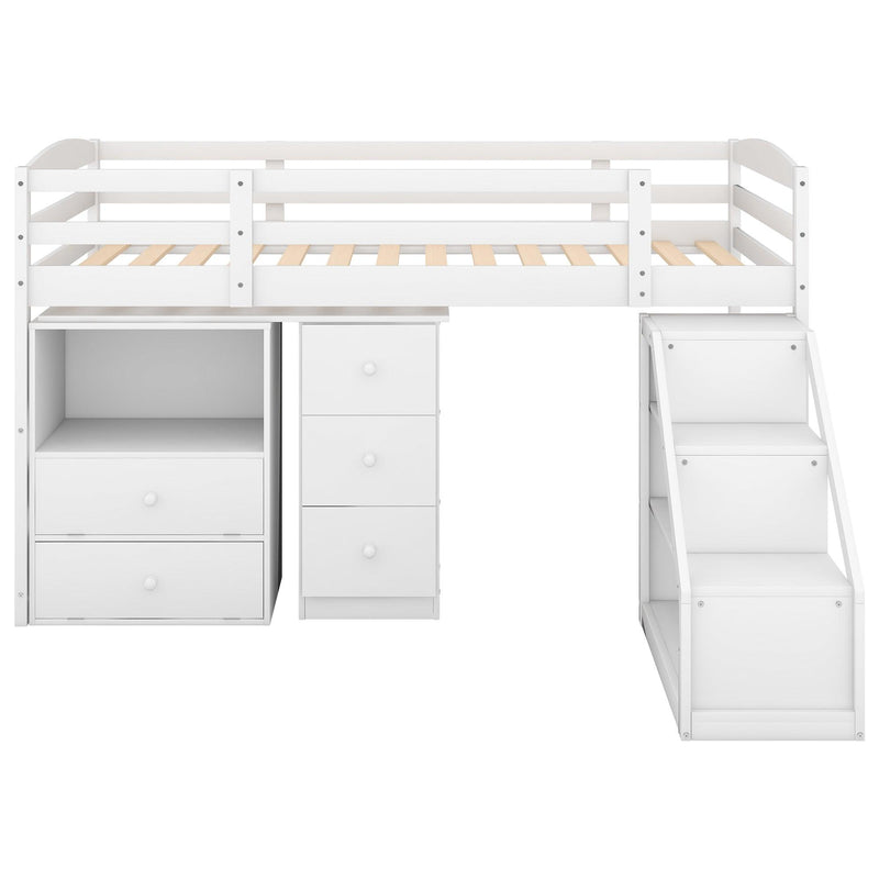 Twin Size Loft Bed with Multifunctional Movable Built-in Desk and and Staircase,White