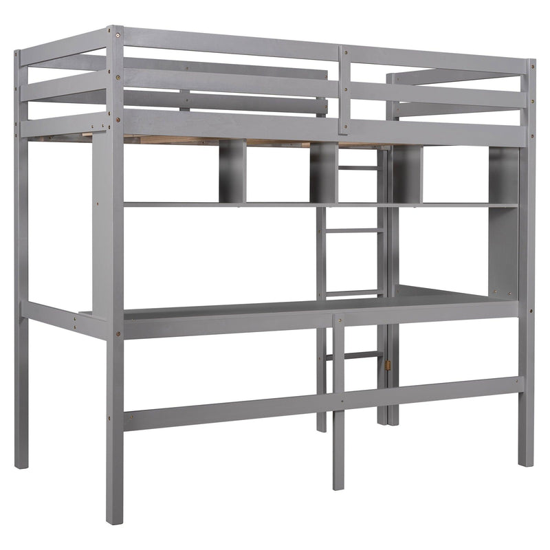 Twin Size Loft Bed with Convenient Desk, Shelves, and Ladder, White