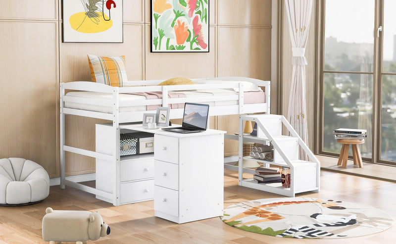 Twin Size Loft Bed with Multifunctional Movable Built-in Desk and and Staircase,White - Urban Living Furniture (Los Angeles, CA)