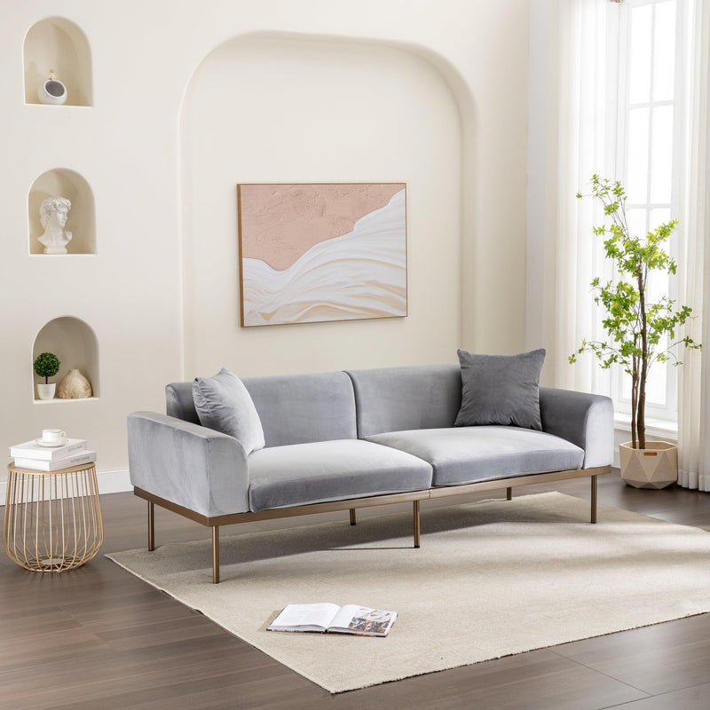 Modern Velvet Sofa with Metal Legs,Loveseat Sofa Couch with Two Pillows for Living Room and Bedroom,Grey