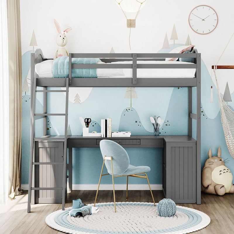 Twin size Loft Bed with Drawers, Cabinet, Shelves and Desk, Wooden Loft Bed with Desk - Gray - Urban Living Furniture (Los Angeles, CA)