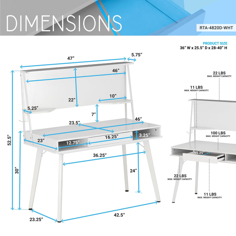 Techni Mobili Study Computer Desk withStorage & Magnetic Dry Erase White Board, White - Urban Living Furniture (Los Angeles, CA)