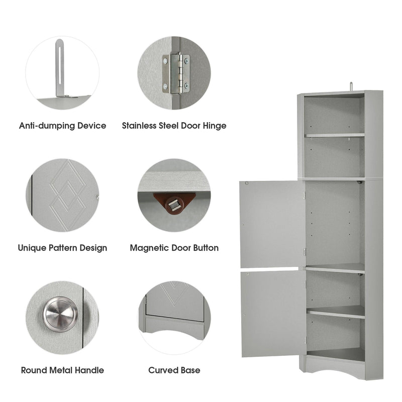 Tall Bathroom Corner Cabinet, FreestandingStorage Cabinet with Doors and Adjustable Shelves, MDF Board, Gray - Urban Living Furniture (Los Angeles, CA)