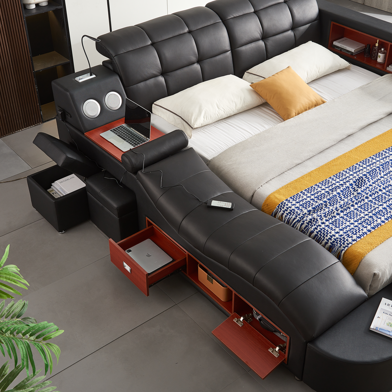 Multifunctional UpholsteredStorage Bed Frame, Massage Chaise Lounge on Left, King Size, Black