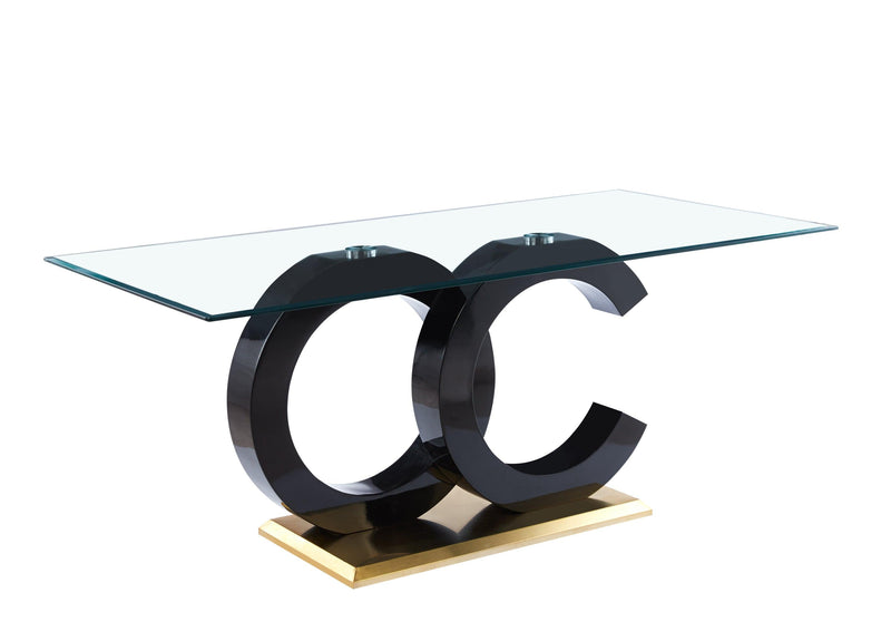 Tempered Glass Dining Table with Black MDF Middle Support and Stainless Steel Base forModern Design