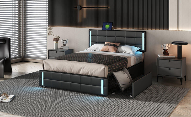 Queen Size Upholstered Platform Bed with LED Lights and USB Charging,Storage Bed with 4 Drawers, Black - Urban Living Furniture (Los Angeles, CA)