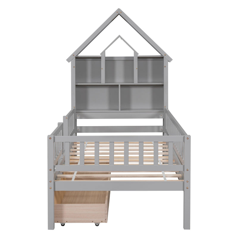 Twin Size House-Shaped Headboard Bed with Fence Guardrails and Drawers ,Gray - Urban Living Furniture (Los Angeles, CA)