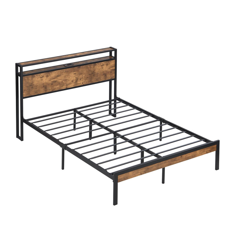 Full Size Metal Platform Bed Frame with Wooden Headboard and Footboard with USB LINER, No Box Spring Needed, Large Under BedStorage, Easy Assemble - Urban Living Furniture (Los Angeles, CA)