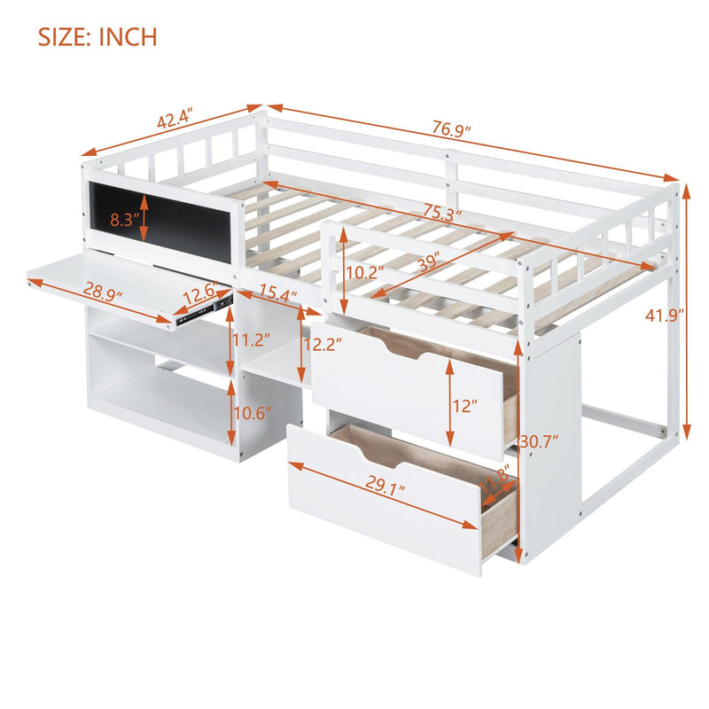 Twin Size Low Loft Bed with Rolling Desk, Shelf and Drawers - White - Urban Living Furniture (Los Angeles, CA)