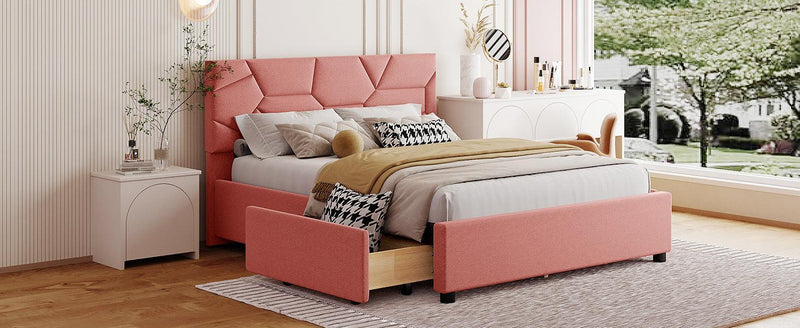 Full Size Upholstered Platform Bed with Brick Pattern Heardboard and 4 Drawers, Linen Fabric, Pink - Urban Living Furniture (Los Angeles, CA)