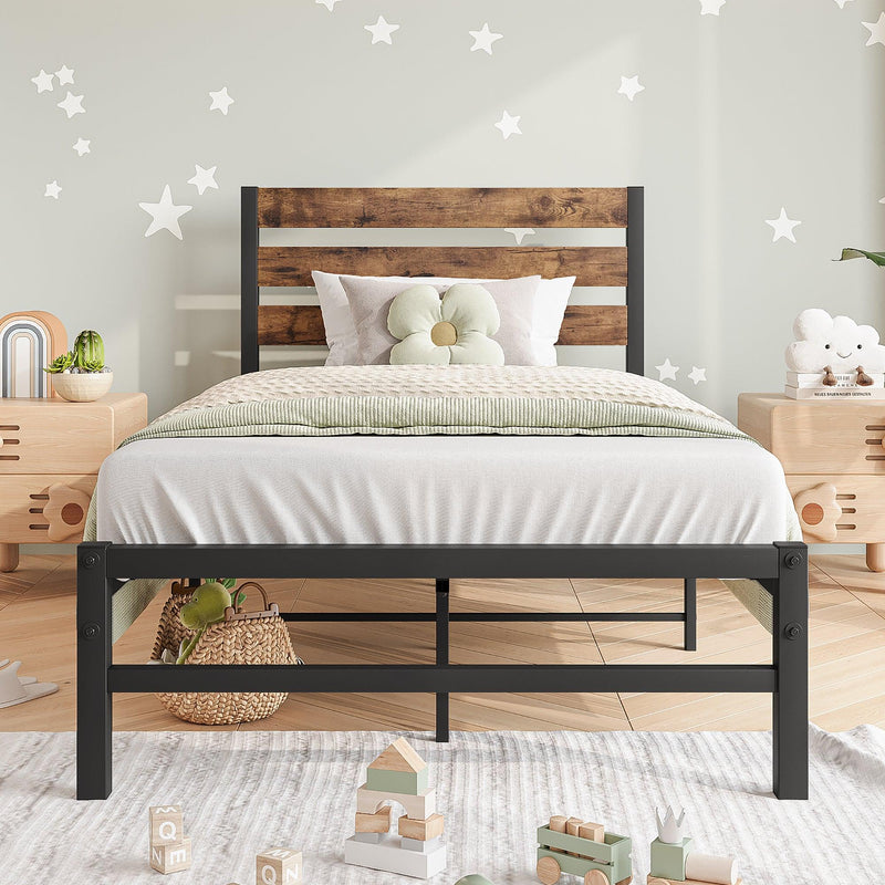 Twin Size Platform Bed Frame with Rustic Vintage Wood Headboard, Strong Metal Slats Support Mattress Foundation, No Box Spring Needed Rustic Brown