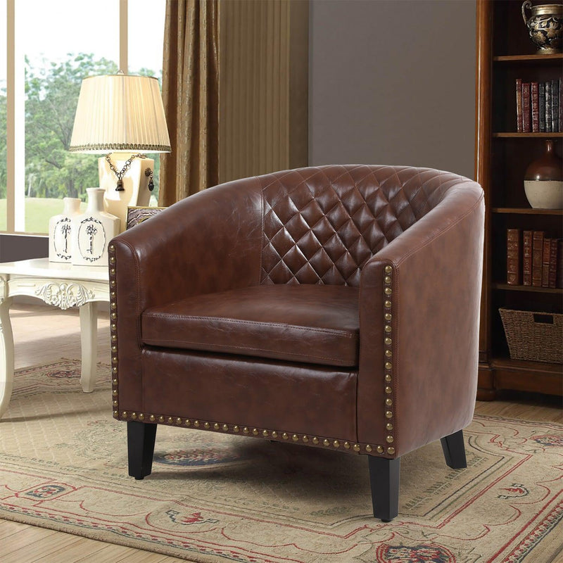 accent Barrel chair living room chair with nailheads and solid wood legs  Brown pu leather - Urban Living Furniture (Los Angeles, CA)