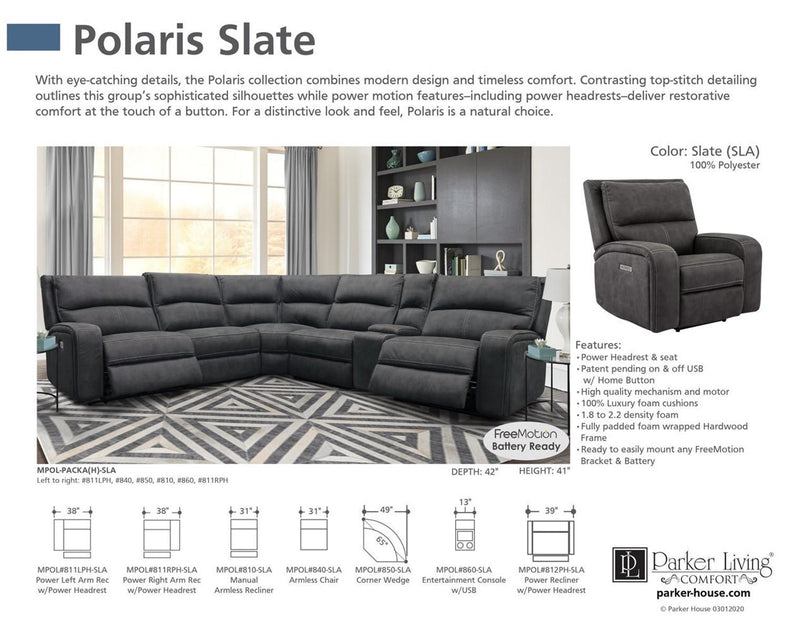 Parker House Polaris Manual Armless Recliner  in Slate