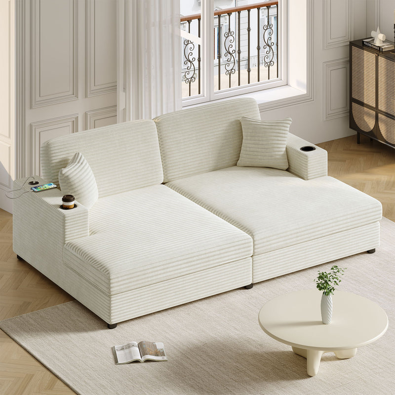 Oversized Loveseat Chaise With 2 USB Ports, 2 Cup Holders And 2 Throw Pillows