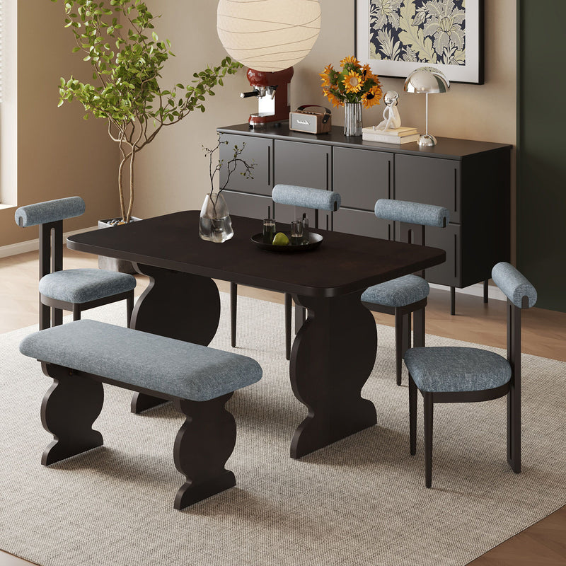 Mid-Century Modern Table Set For 6 Persons With 4 Chairs And Bench, Padded Seats And Backrest