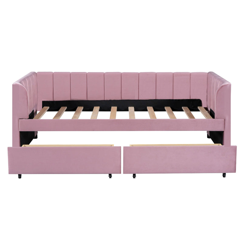 Twin Size Upholstered Daybed With Ergonomic Design Backrest And 2 Drawers - Pink