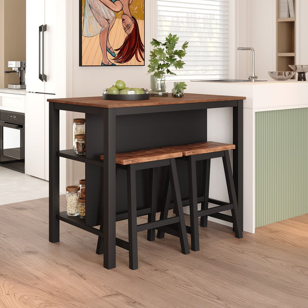 Rustic 3 Piece Stationary Kitchen Island Set With 2 Seatings, With 2 Open Shelves