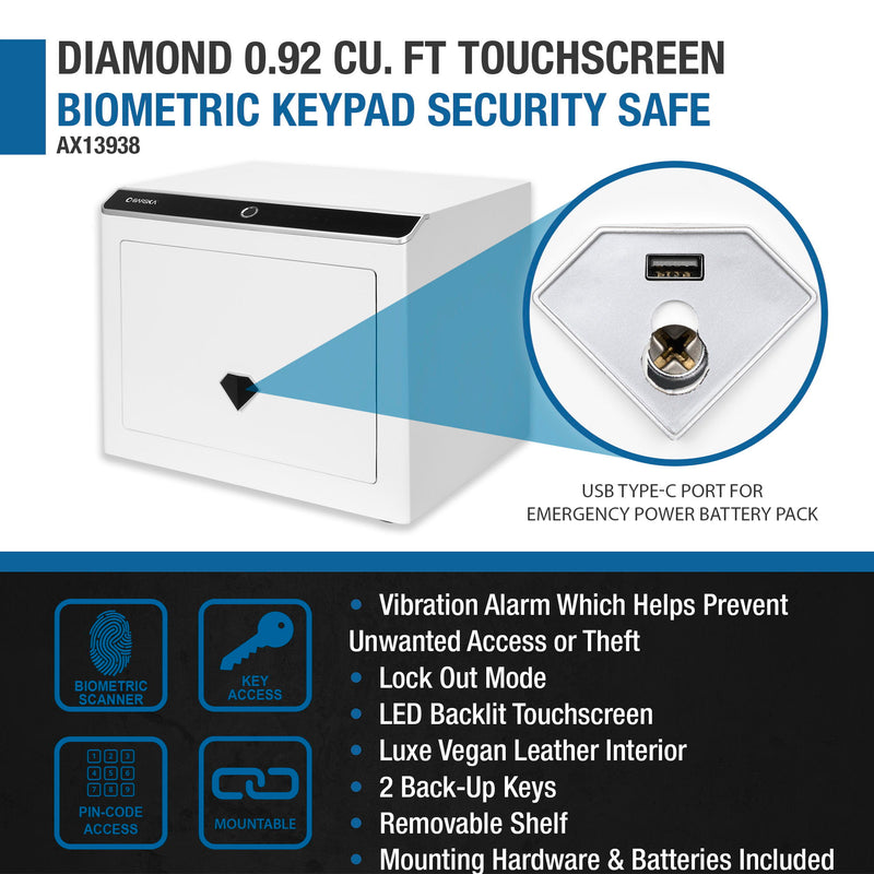 Diamond 0.92 Cu. Ft Touchscreen Biometric Keypad Security Safe - White