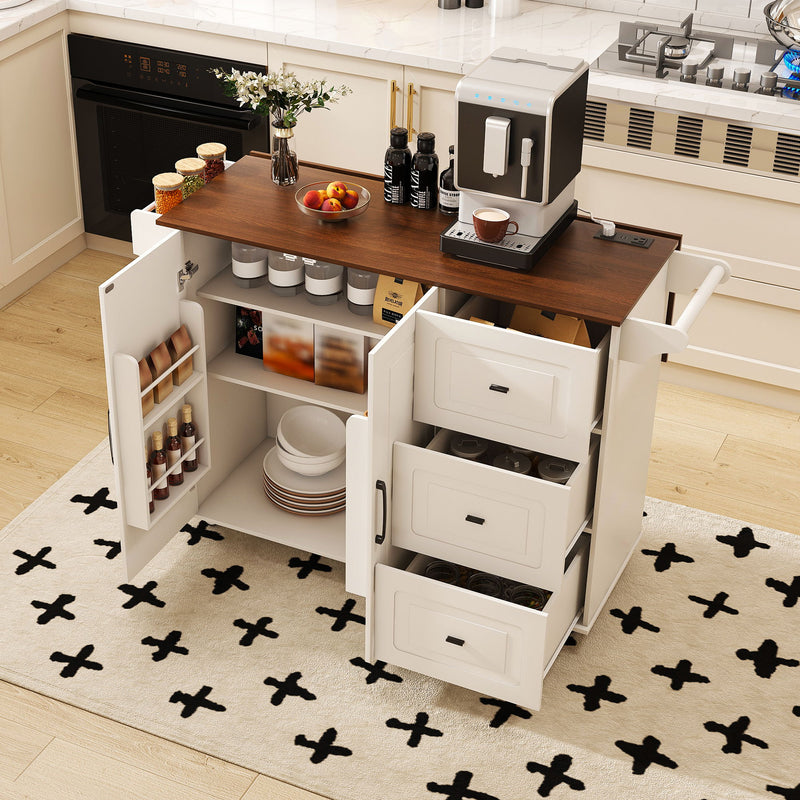 Kitchen Island Cart With Foldable Tabletop & Drop Leaf Mobile Breakfast Bar With Wood Top And Storage - White / Walnut
