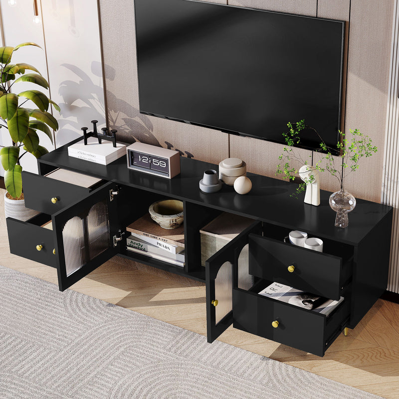 Modern TV Stand With Glass Door, 4 Drawers And 2 Cabinets