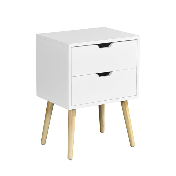 Mid Century Modern Side Table With 2 Drawers And Rubber Wood Legs - White
