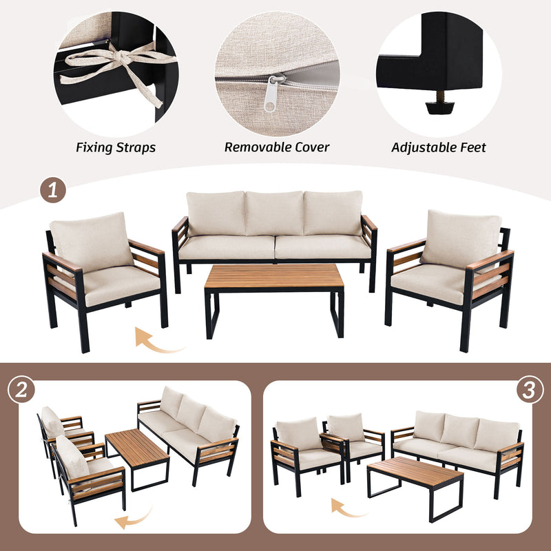 4 Piece Outdoor Furniture Sofa Set For 5 People With Acacia Wood Armrests, Removable Cushion