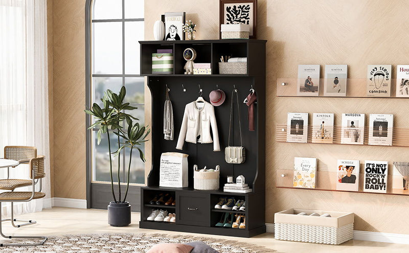 Hall Tree With 6 Hooks, Coat Hanger, Entryway Bench