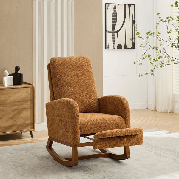 Rocking High Back Glider Chair With Retractable Footrest, Side Pocket