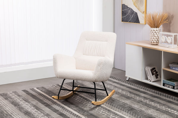 Rocking Chair Nursery, Teddy Glider Rocker With High Backrest, Reading Chair Modern Rocking Accent Chairs Glider Recliner For Living Room - Cream