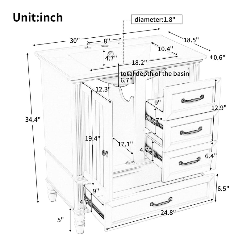 30" Bathroom Vanity With Sink, Bathroom Cabinet With A Door, 3 Drawers Legs, Adiustable Foot Pads - Gray