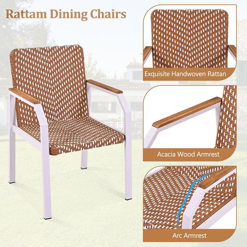 7 Piece Patio Dining Table Set, Outdoor Wicker Furniture (Set of 6) Chairs, 2 Tone Weave Rattan, Acacia Wood Tabletop, Outdoor Dining Set For Backyard And Garden - Brown