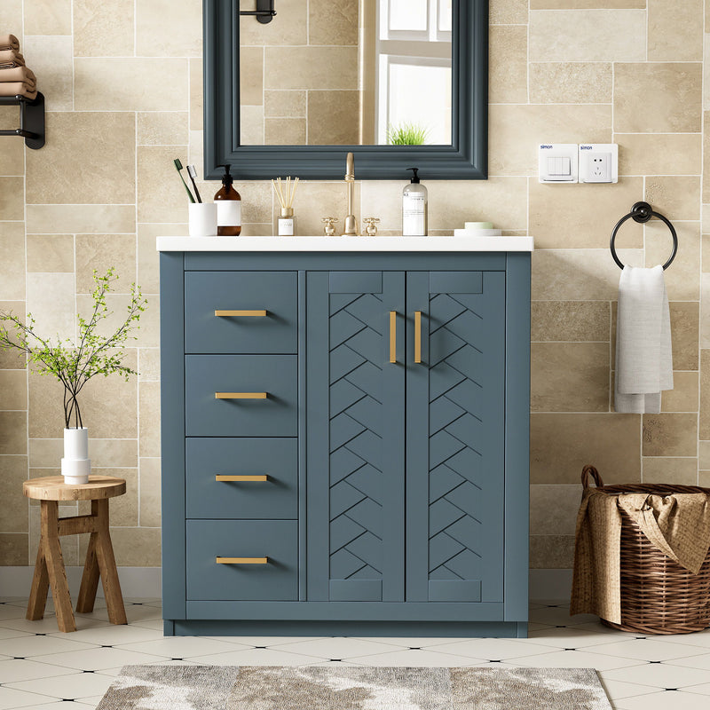 Ceramic Sink Combo, Freestanding Vanity Set With 3 Drawers & Soft Closing Doors