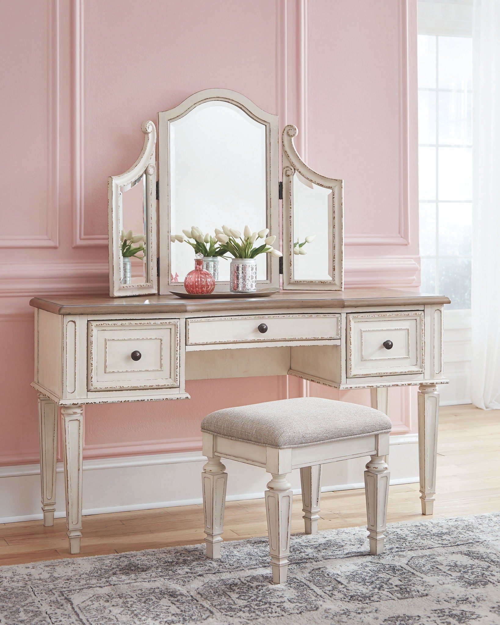 Realyn - White / Brown / Beige - Vanity/Mirror/Stool (Set of 3) - Urban Living Furniture (Los Angeles, CA)