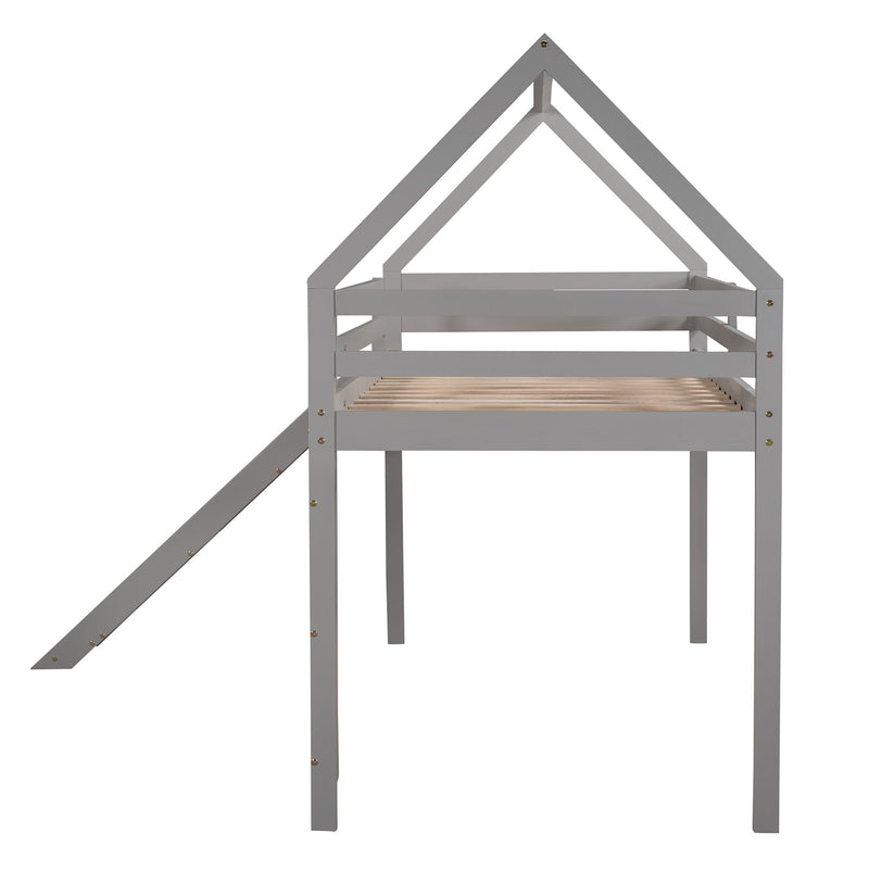 Twin Size House Loft Bed With Slide - Gray