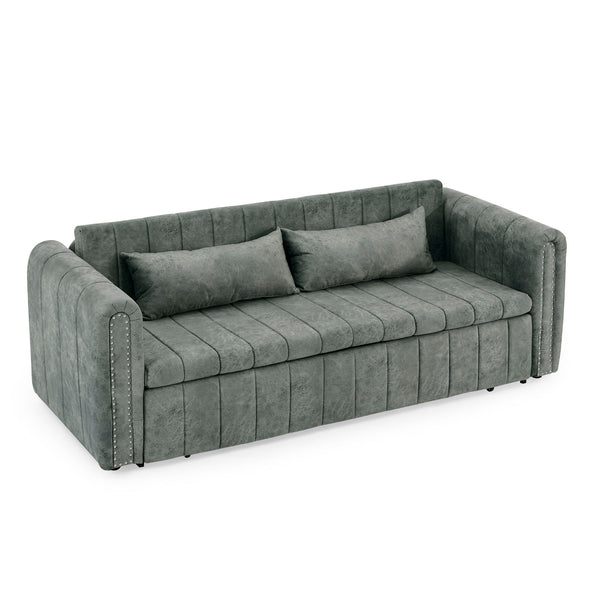 Modern Upholstered 3 In 1 Pull Out Bed Sleeper Sofa With Rolled Arms And Copper Nail Decor - Gray