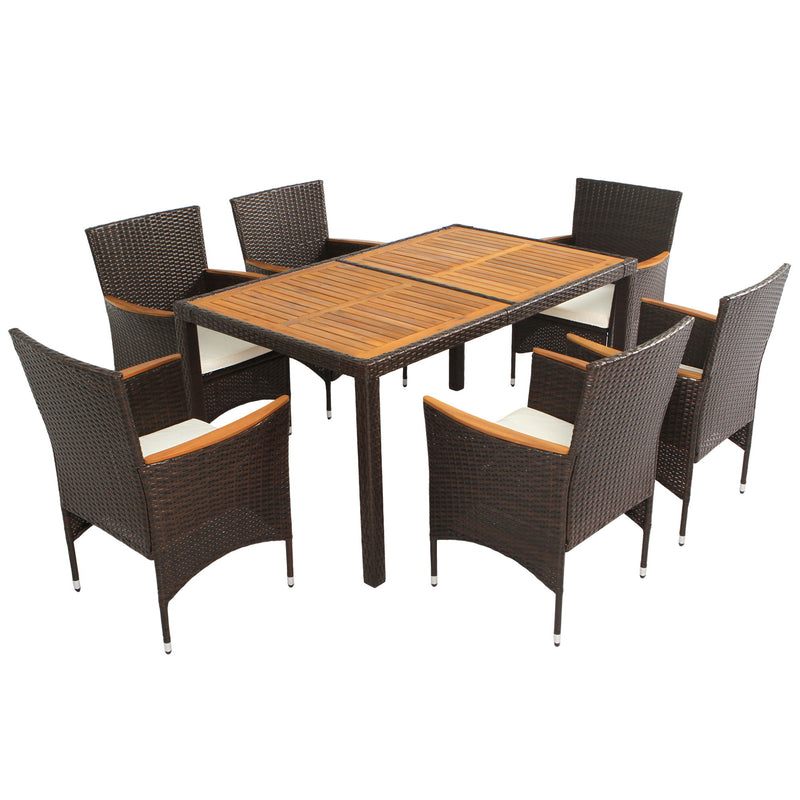 7 Piece Outdoor Patio Dining Set, Garden Wicker Dining Table And Chairs Set, Acacia Wood Tabletop, Stackable Armrest Chairs With Cushions - Brown